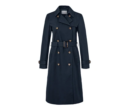 Trench-coat bleu marine avec ceinture et boutons.
