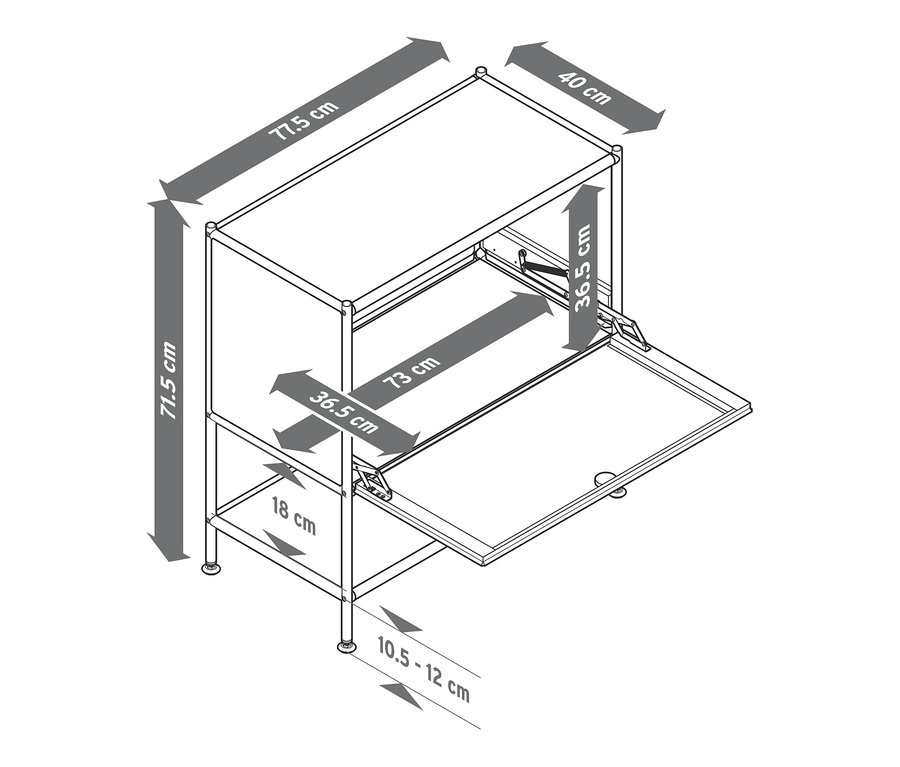 Schéma d'un buffet en métal « CN3 » avec abattant beige et dimensions.