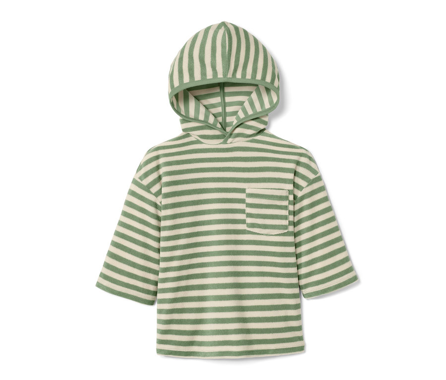 T-shirt en tissu éponge pour enfant rayé vert et blanc avec capuche.