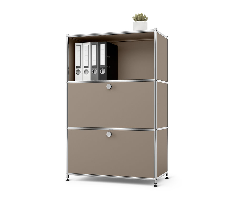 Commode en métal « CN3 » taupe à 2 abattants et table d’appoint en métal « CN3 » avec 2 abattants.