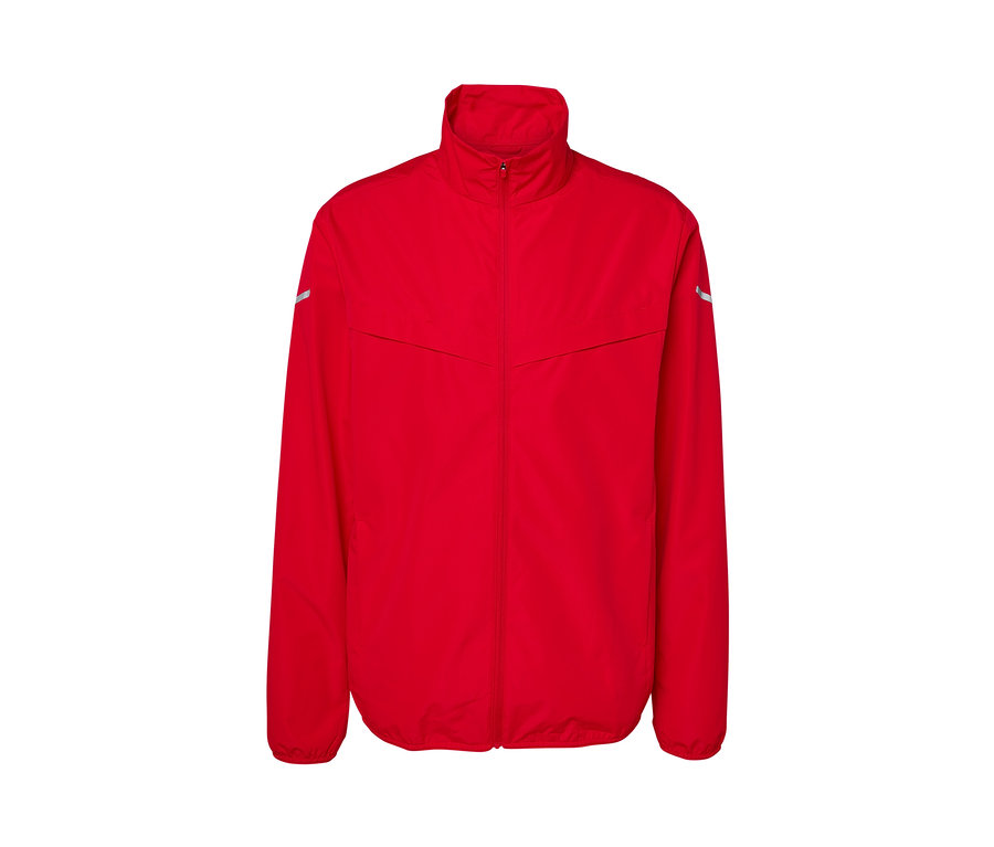 Veste technique coupe-vent rouge avec fermeture éclair.