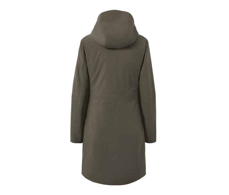 Vue arrière d'un manteau de pluie 3-en-1 olive avec capuche et gilet.