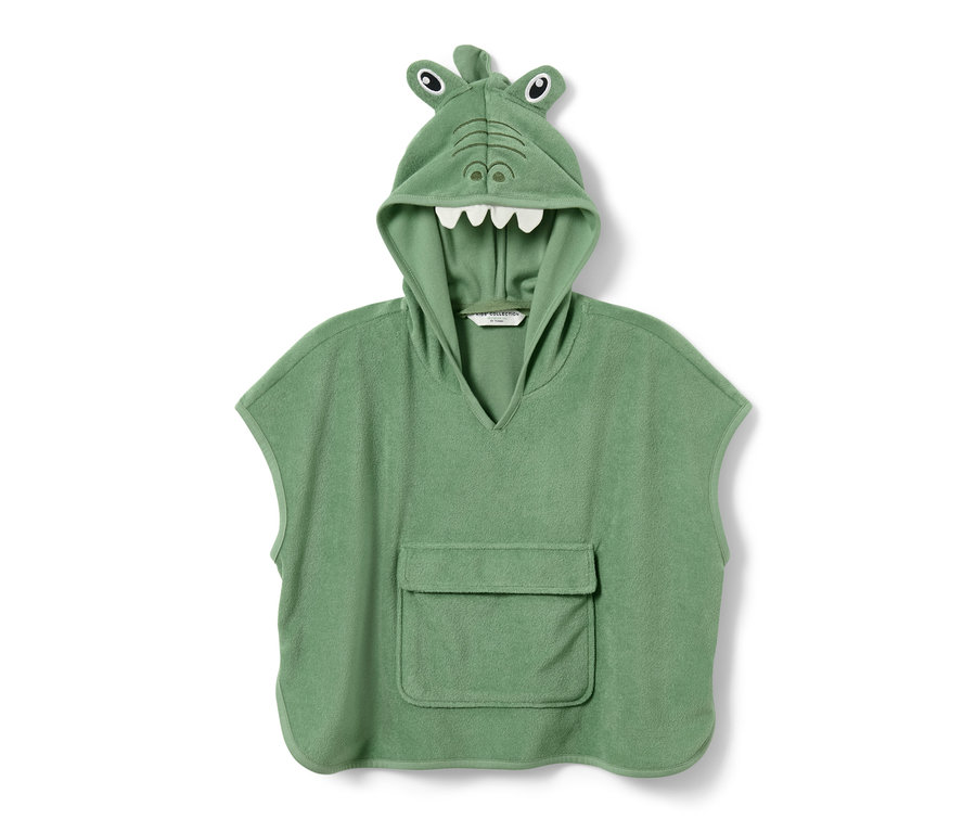 Poncho en tissu éponge vert pour enfant avec une capuche à motif de crocodile.