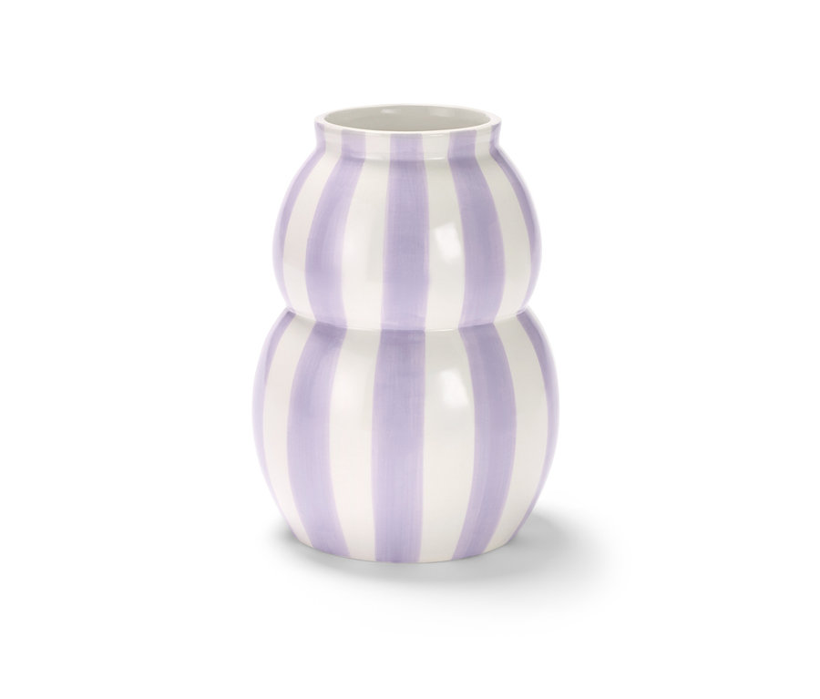 Petit vase avec des rayures violettes et blanches.