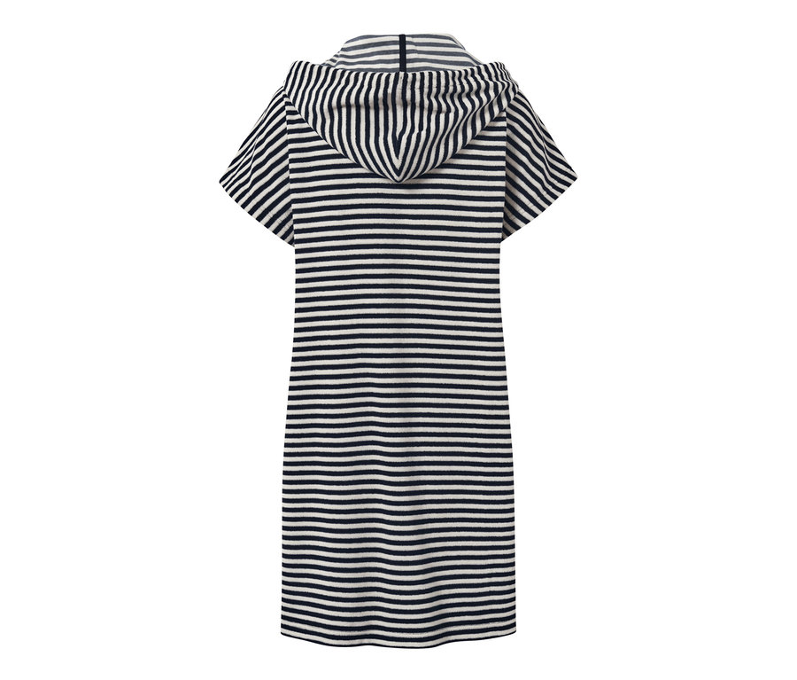 Vue arrière d'une robe de plage en tissu éponge rayée bleu et blanc avec capuche.