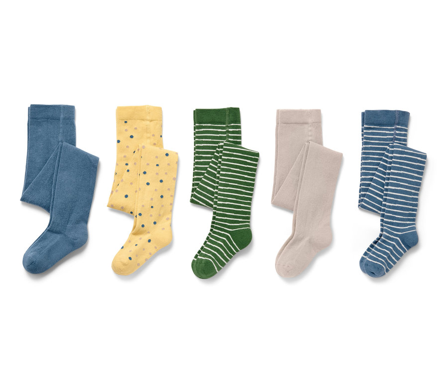 Cinq collants pour tout-petits de différentes couleurs et motifs.