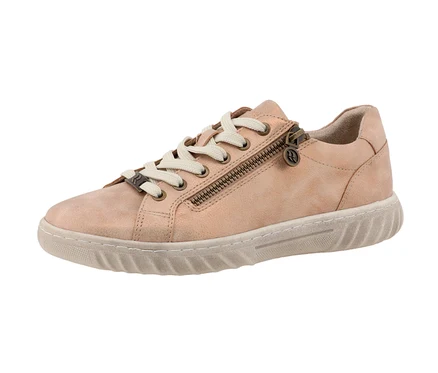 Gros plan d'une basket Romika, PU bronze, avec des lacets et une fermeture éclair.