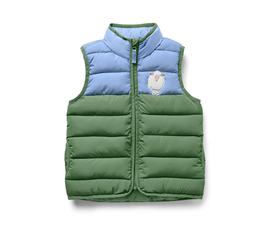 Gilet sans manches matelassé pour enfant, color block, avec un patch de mouton.
