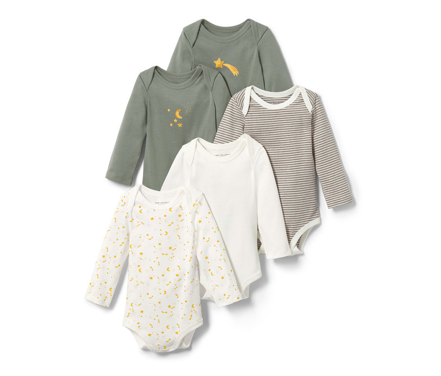 Cinq bodys évolutifs pour bébé avec des étoiles en blanc, gris et vert.