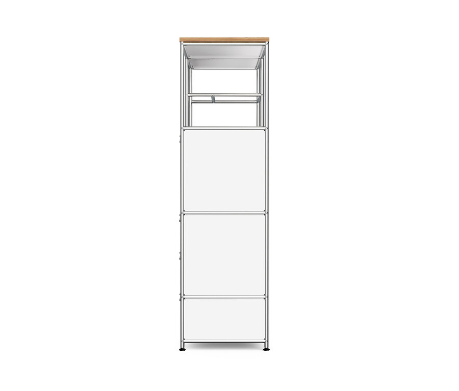Commode en métal blanc « CN3 » avec plateau en bois, une tringle à vêtements, un abattant et trois tiroirs.