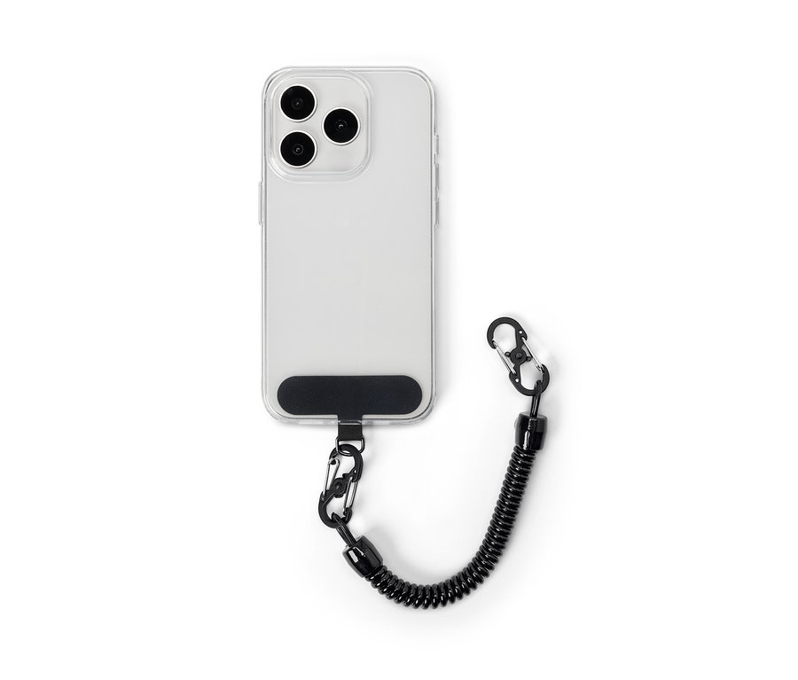 Coque de téléphone transparente avec chaîne de sécurité noire pour téléphone portable.