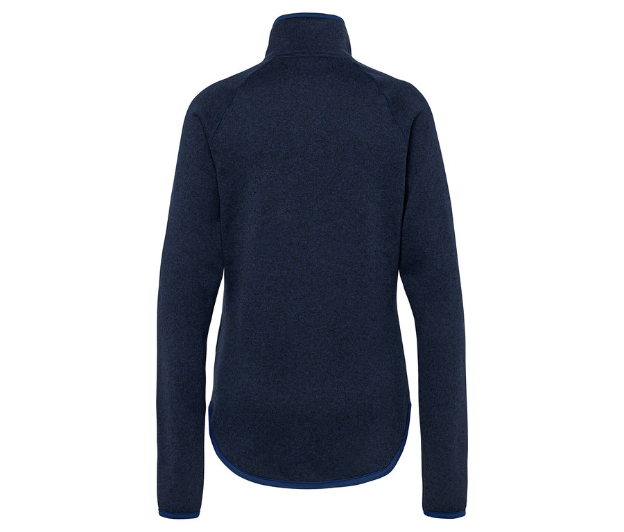 Détail du dos d'une veste en polaire bleu foncé à manches longues.