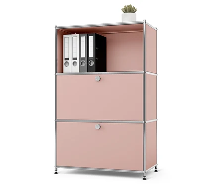 Une armoire rose avec un cadre argenté. Des classeurs et une plante en pot se trouvent sur l'étagère supérieure.