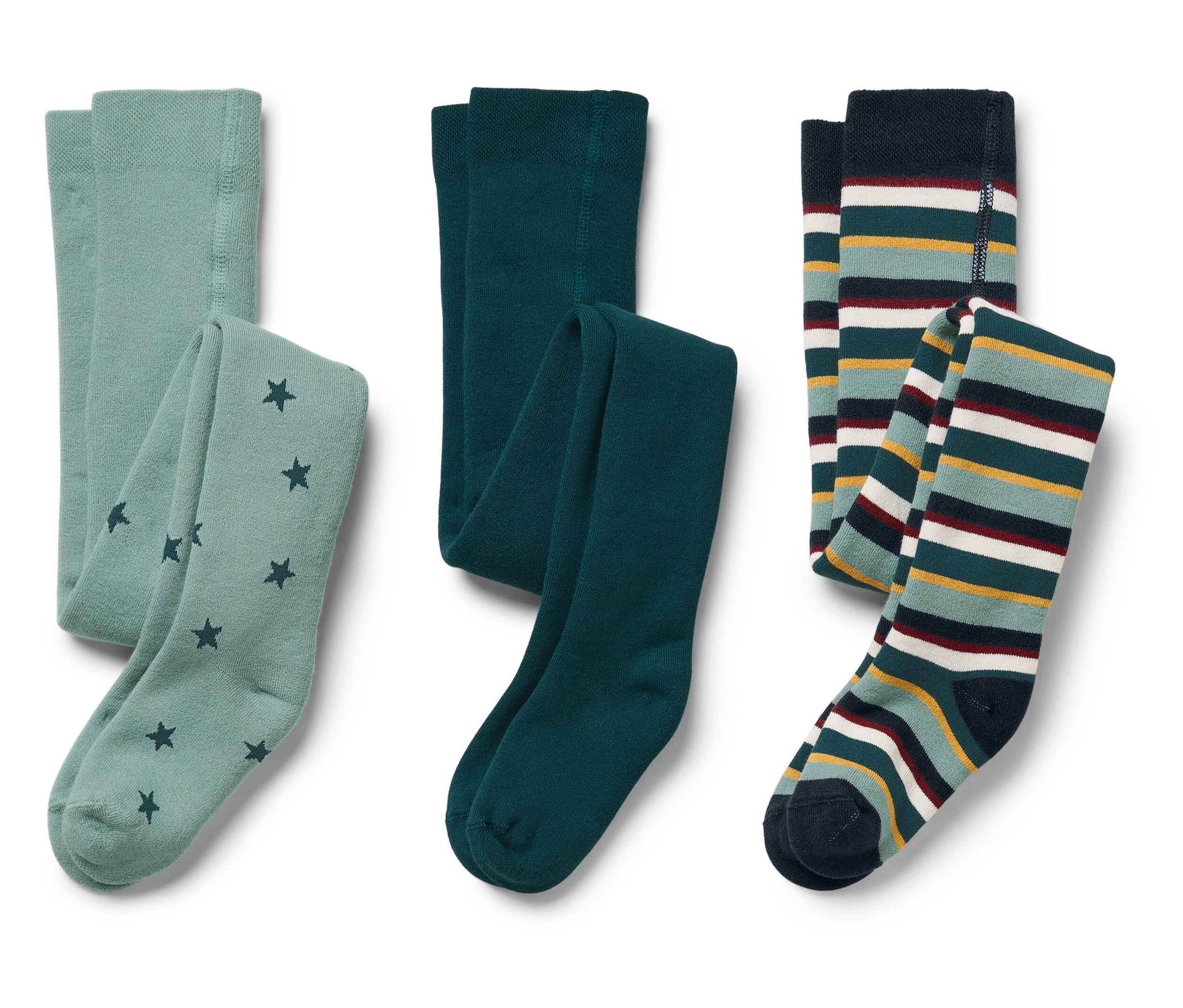 Sur un fond blanc, on voit trois paires de collants pour enfants : vert clair avec des étoiles vert foncé, vert foncé uni et à rayures.