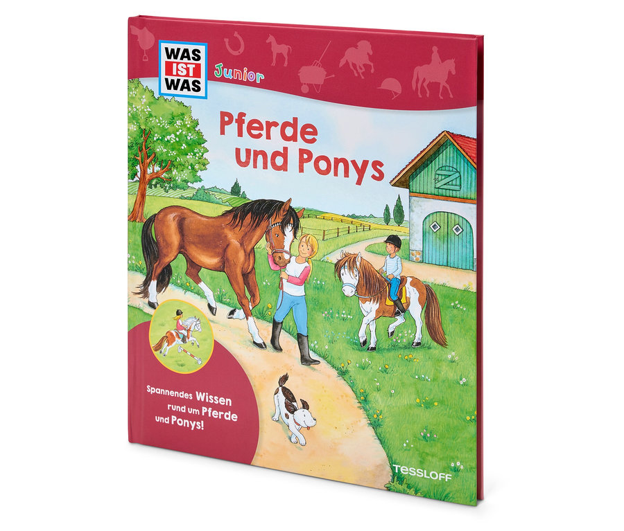Couverture du livre 'Chevaux et poneys' avec des illustrations de chevaux, d'enfants et d'un chien sur un chemin de campagne.