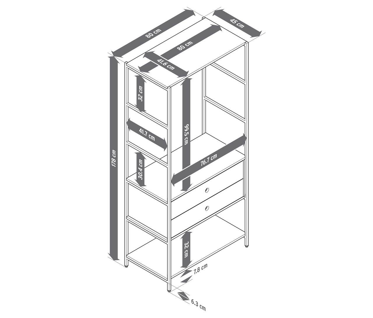 Schéma d'une armoire avec des étagères et deux tiroirs, avec les dimensions indiquées.