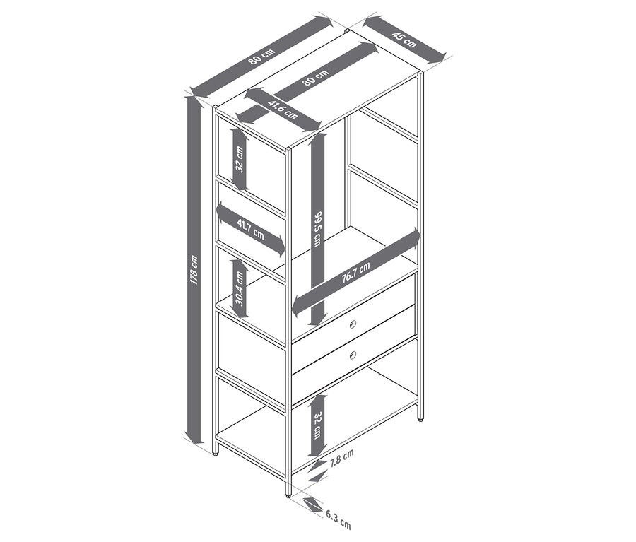 Schéma d'une armoire avec des étagères et deux tiroirs, avec les dimensions indiquées.
