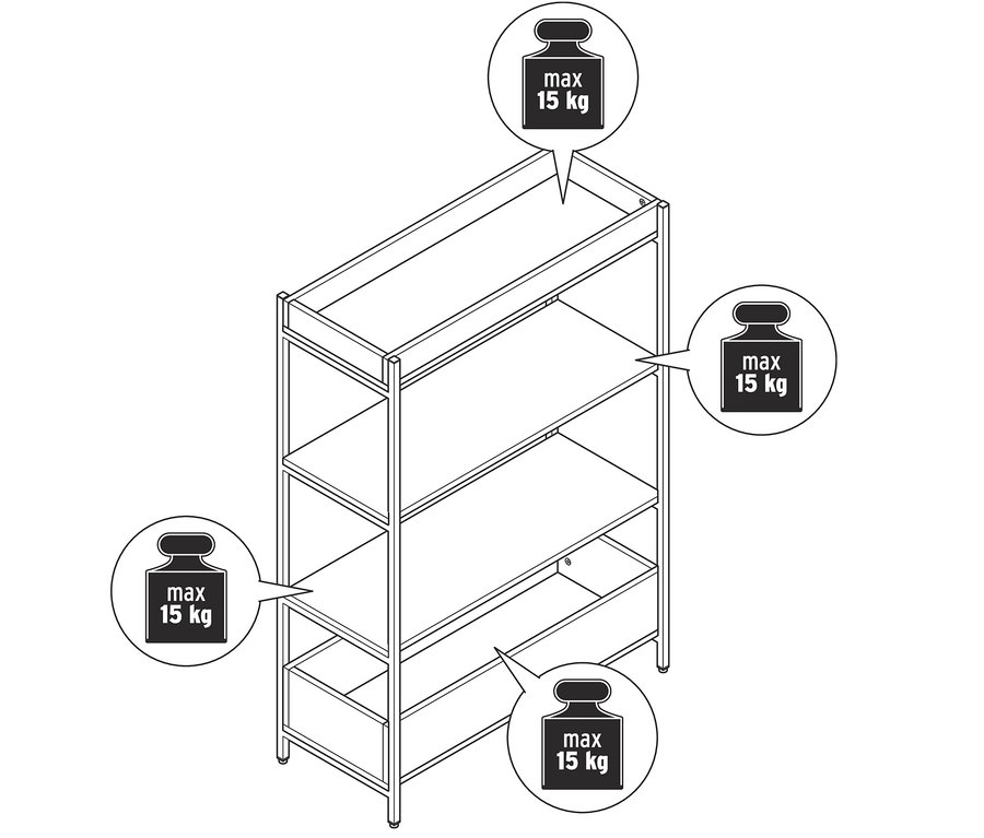 Dessin d'une console avec un poids maximal de 15 kg par étagère.