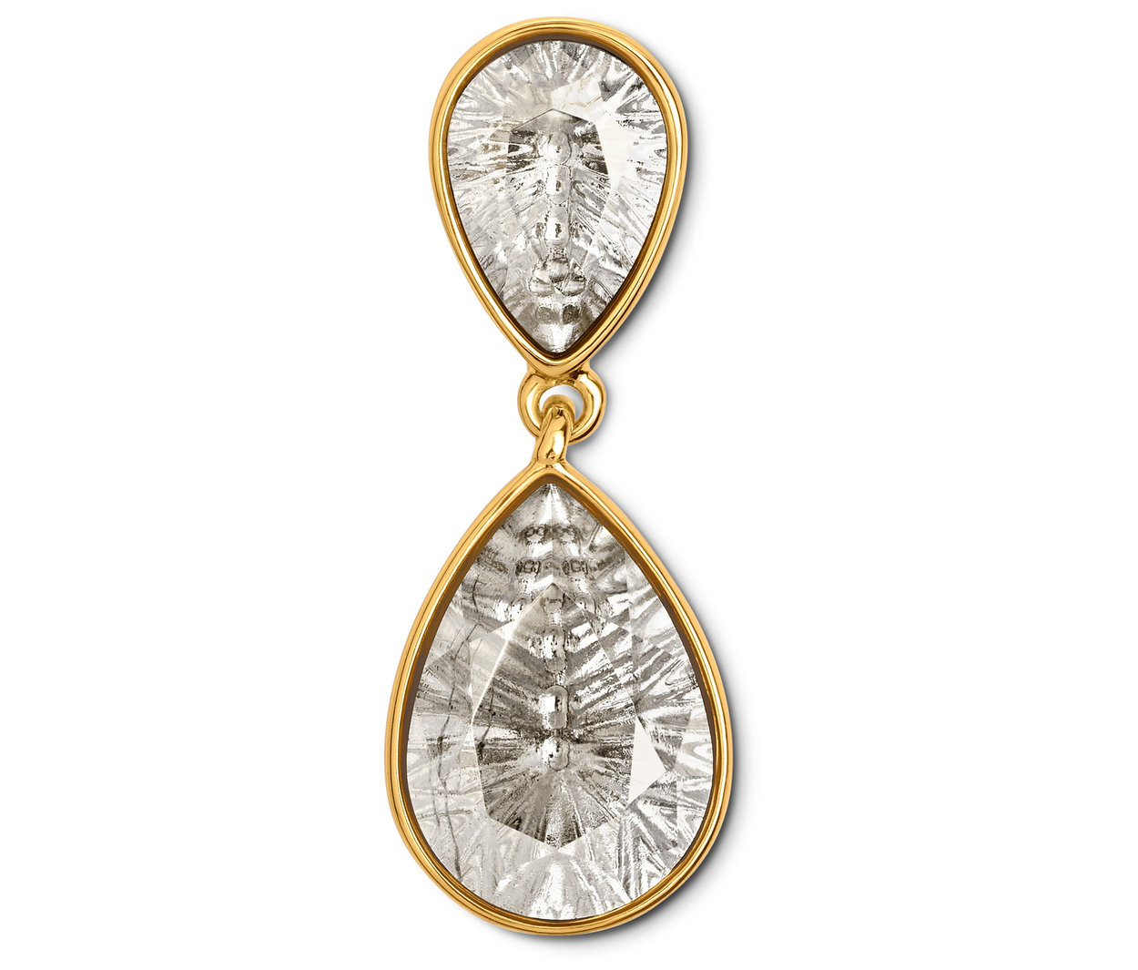 Boucle d'oreille avec deux gouttes claires encadrées d'or.