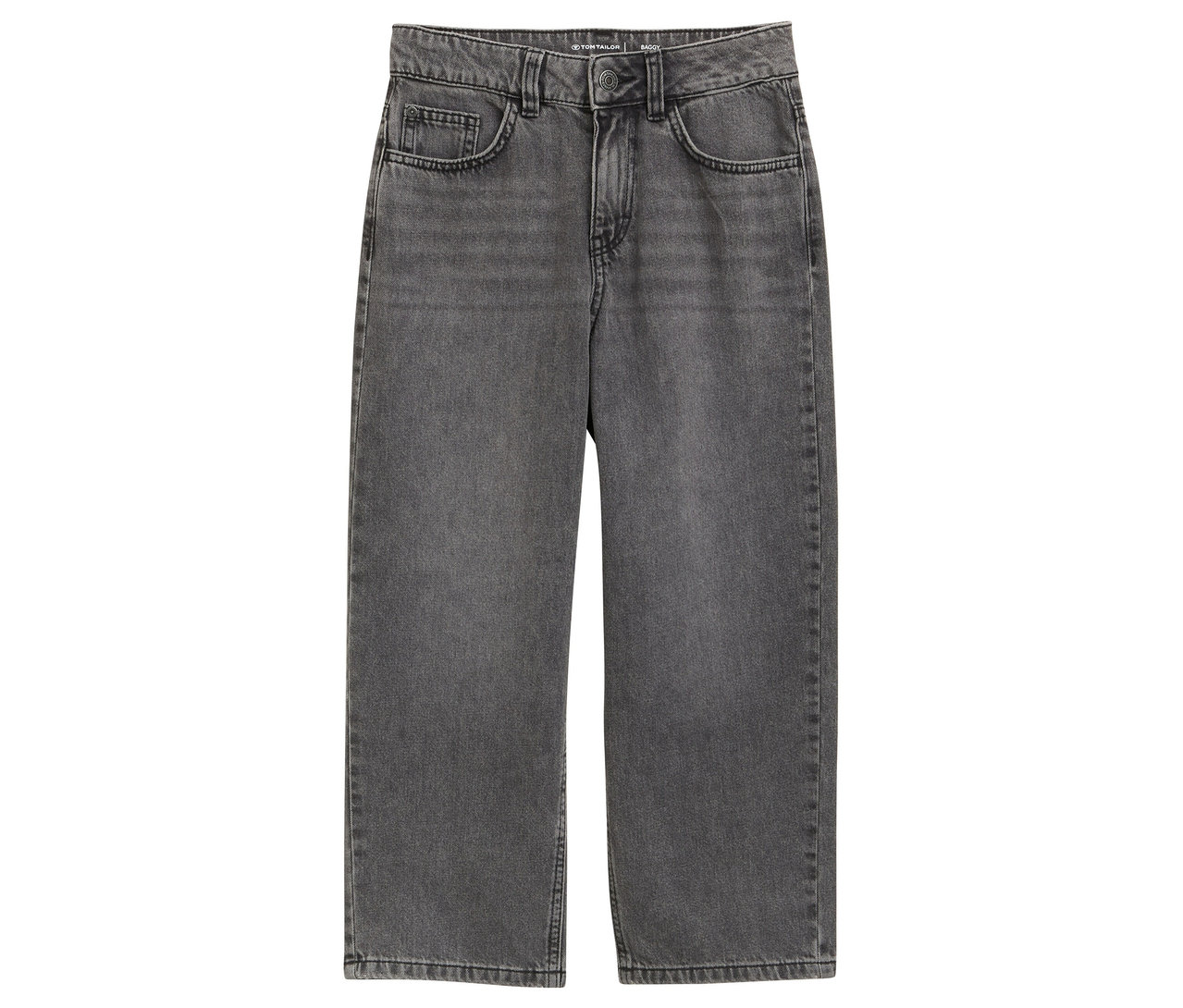 Jean gris à jambes larges avec poches.