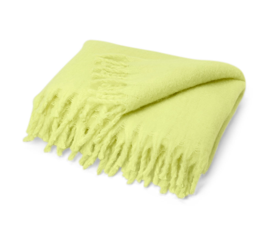 Couverture jaune, env. 130 x 150 cm, pliée sur un fond blanc.