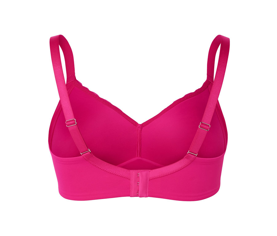 Gros plan d'un soutien-gorge souple rose vu de dos.