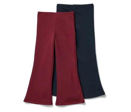 Deux pantalons à pattes d'éléphant, un bordeaux, un bleu marine.