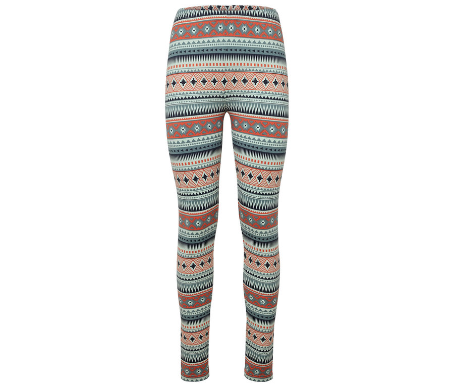 Leggings à motifs avec des formes géométriques en orange, bleu et blanc.