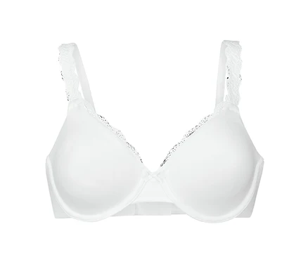 Soutien-gorge à armatures blanc avec dentelle et bretelles sur fond blanc.