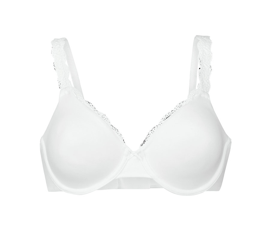Soutien-gorge à armatures blanc avec dentelle et bretelles sur fond blanc.