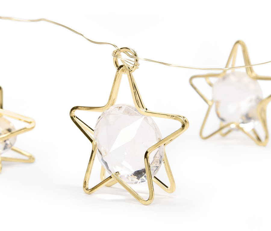Fil doré avec lumières en forme d'étoile avec des cristaux clairs à l'intérieur.