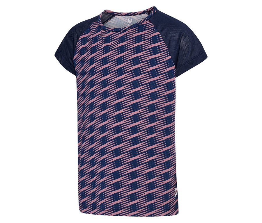 T-shirt S/S HUMMEL HMLJR Mix bleu marine avec des rayures roses.