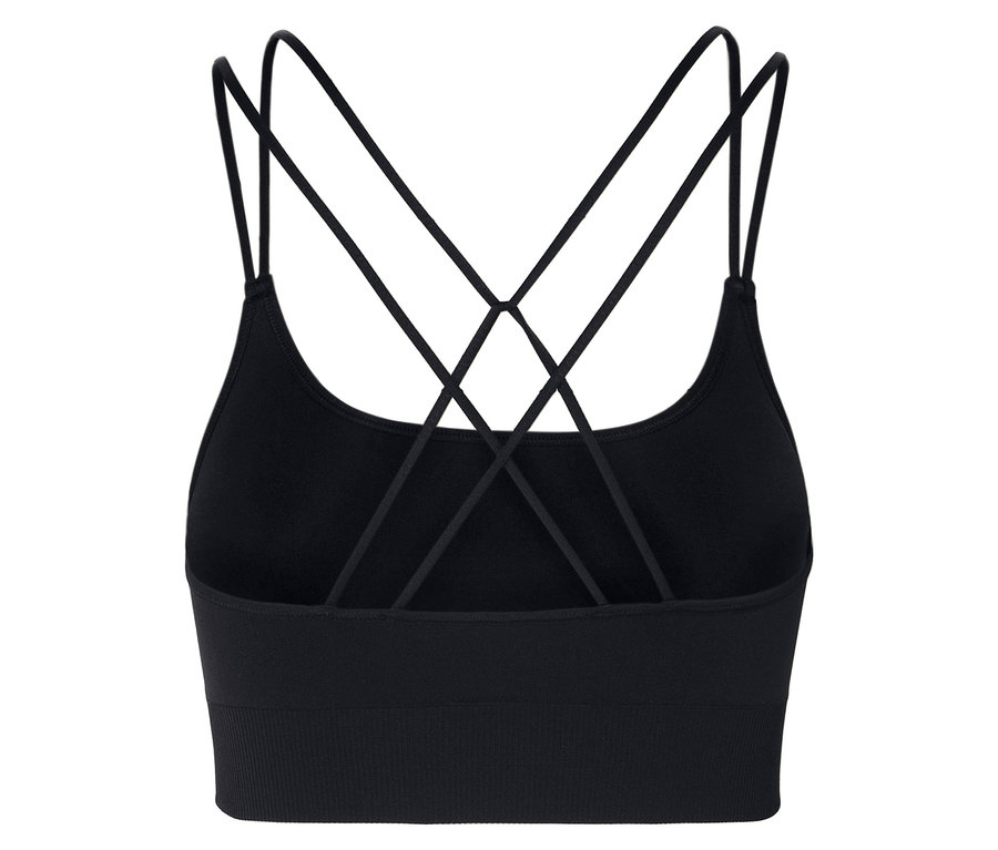 Vue détaillée de l'arrière d'une brassière de sport noire avec de fines bretelles croisées.