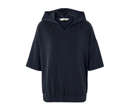 Pull à capuche bleu foncé en mélange de modal avec manches courtes.