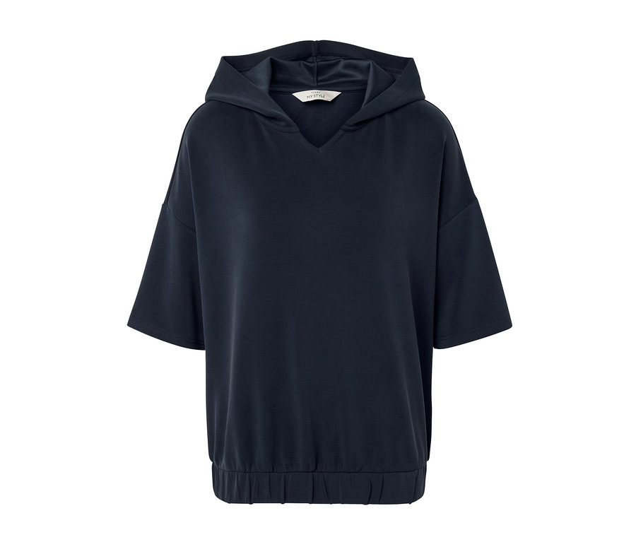 Pull à capuche bleu foncé en mélange de modal avec manches courtes.