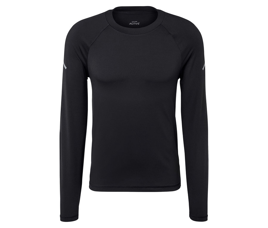 T-shirt noir à manches longues sur fond blanc.