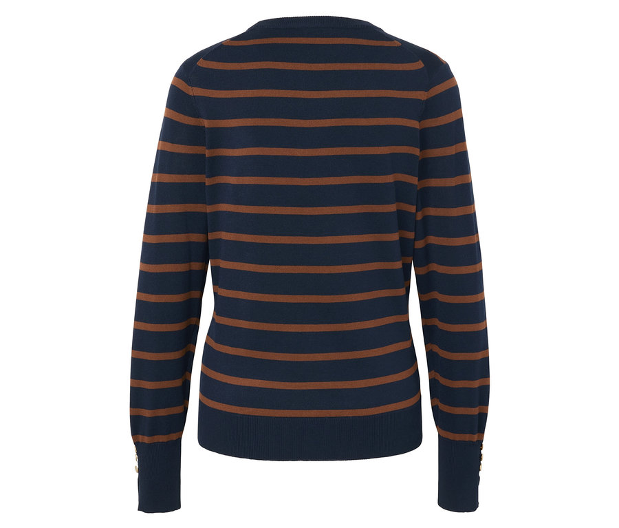 Vue arrière d'un pull bleu foncé avec des rayures horizontales marron.