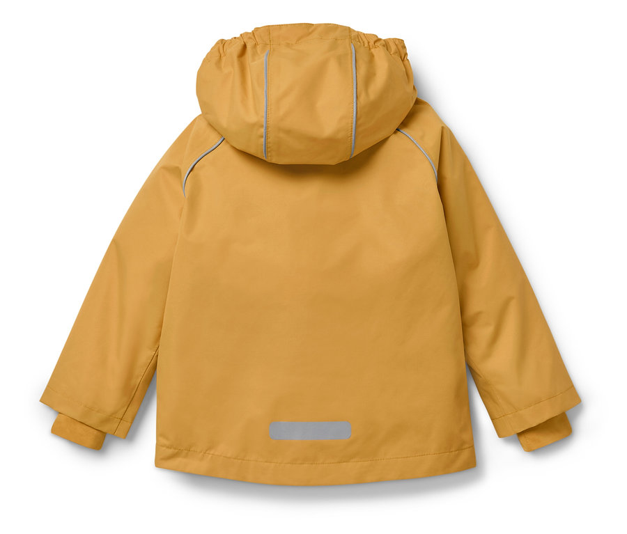 Vue arrière d'une veste jaune moutarde avec capuche et détails réfléchissants.