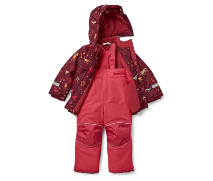 Une veste d'hiver bordeaux à capuche imprimée de chevaux et d'étoiles et un pantalon de ski rose.