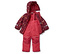 Une veste d'hiver bordeaux à capuche imprimée de chevaux et d'étoiles et un pantalon de ski rose.