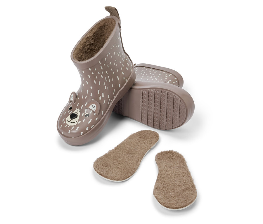 Bottes de pluie marron pour enfants avec motif d'ours et points blancs, avec semelles intérieures amovibles, sur fond blanc.