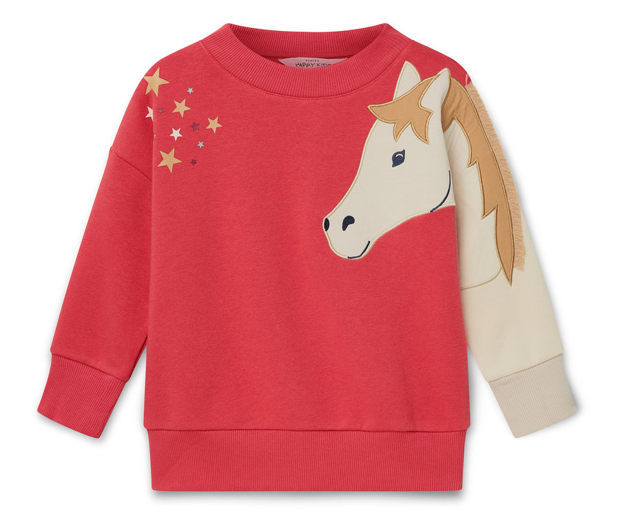 Sweat-shirt rouge avec une tête de cheval et des étoiles.