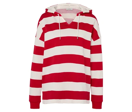 Pull rayé rouge et blanc à capuche et manches longues.
