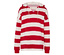 Pull rayé rouge et blanc à capuche et manches longues.
