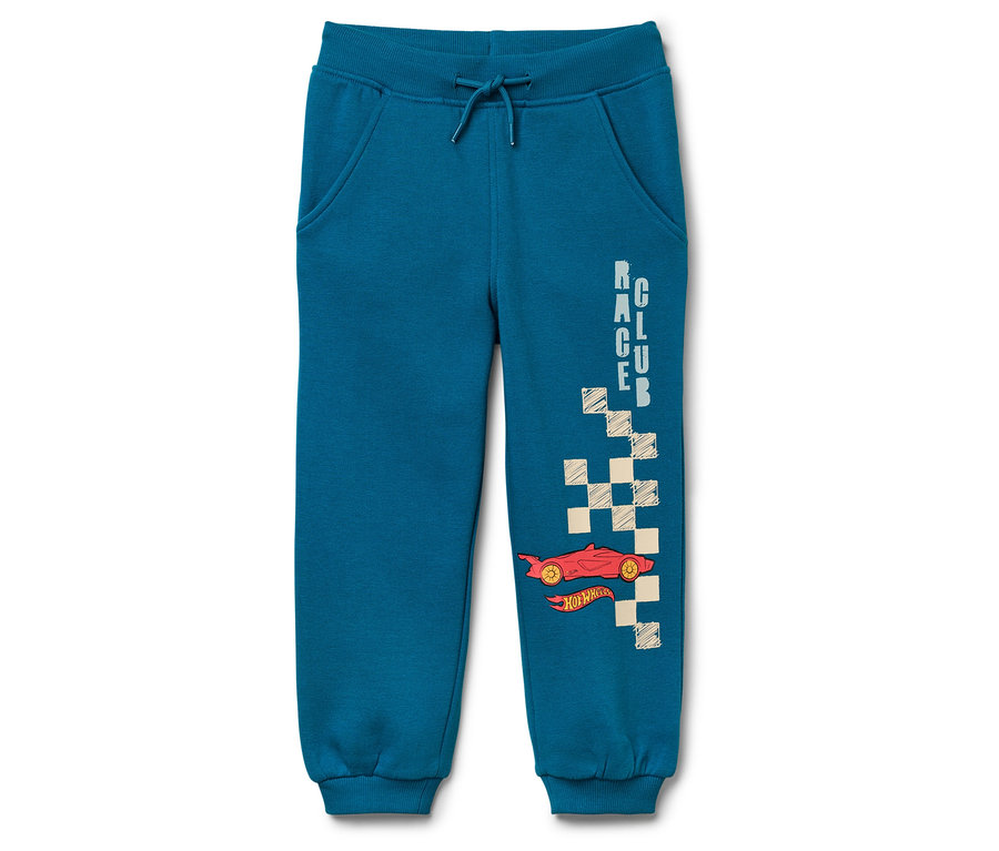 Pantalon de jogging bleu avec voiture de course rouge et motif à damier.