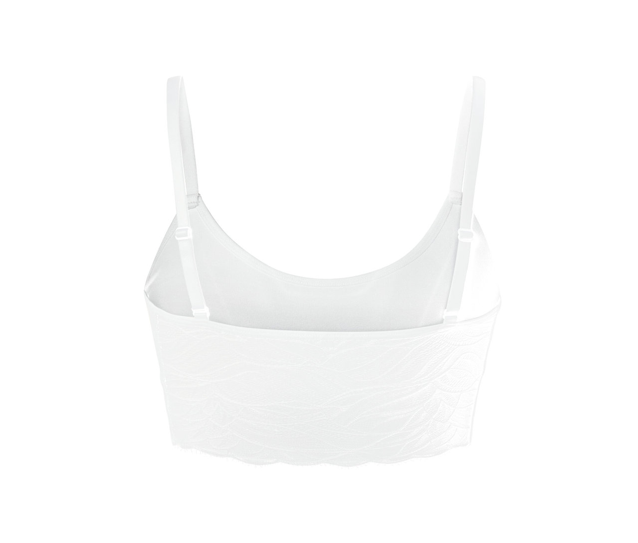 Détail d'une brassière blanche sans coutures avec de la dentelle.