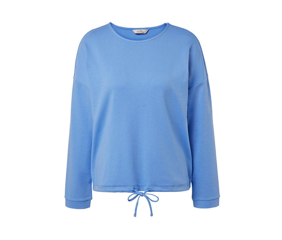 Un sweat-shirt bleu clair à manches longues avec un cordon de serrage à l'ourlet.