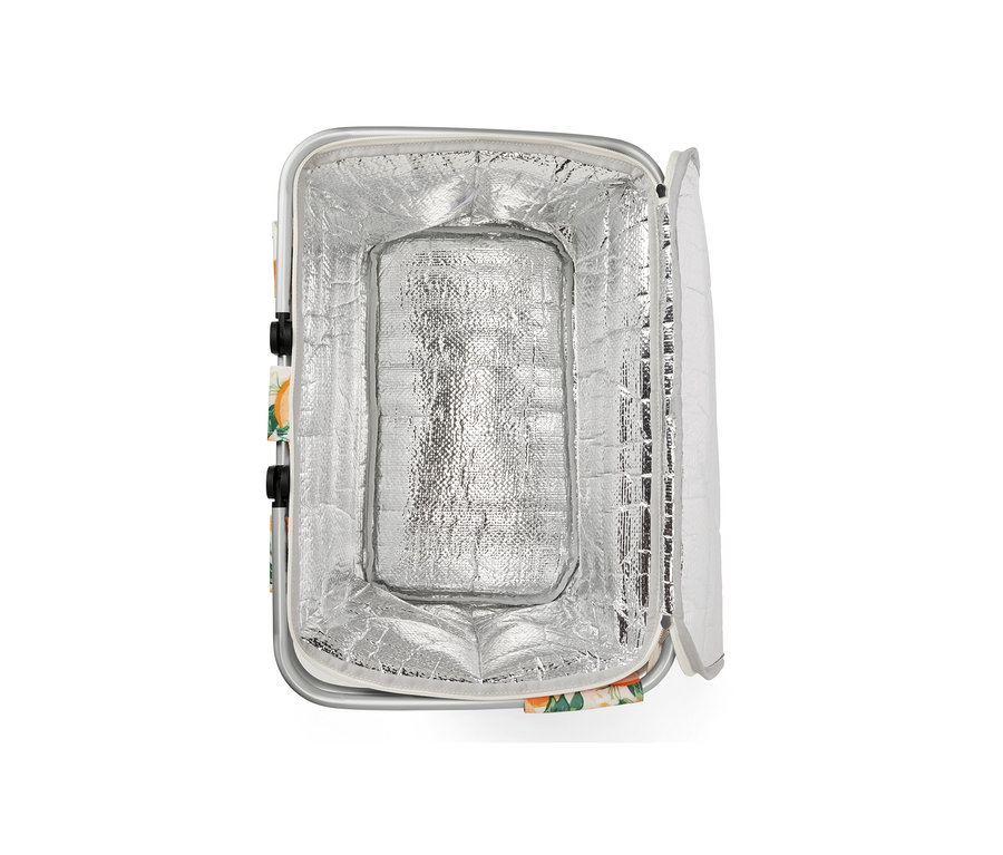 Vue de dessus d'un panier isotherme ouvert avec une doublure intérieure en aluminium.