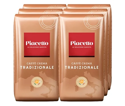 Six paquets de Piacetto Caffè Crema Tradizionale – 6 x 1 kg, en grains.