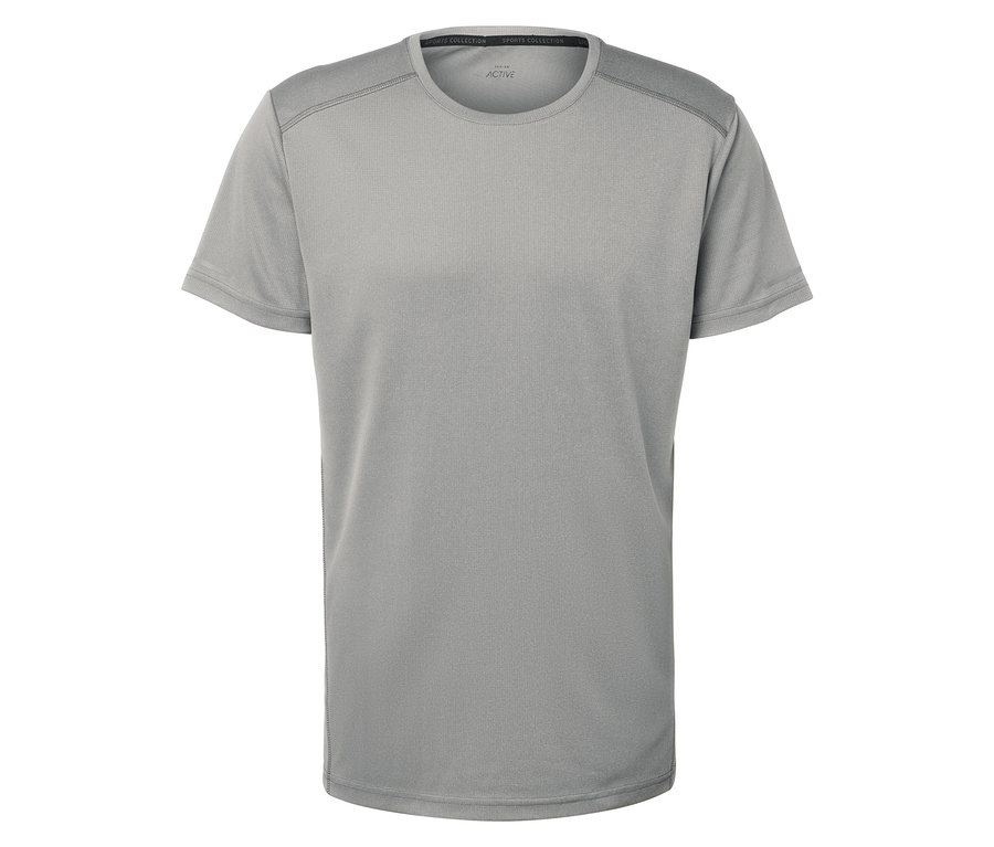 T-shirt gris à manches courtes sur fond blanc.